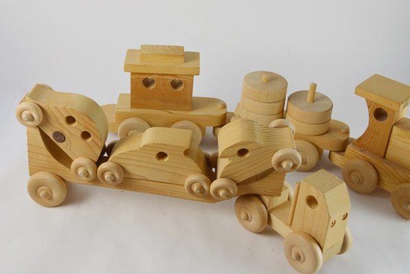 Wooden Toy Train, Trailer Truck and Cars