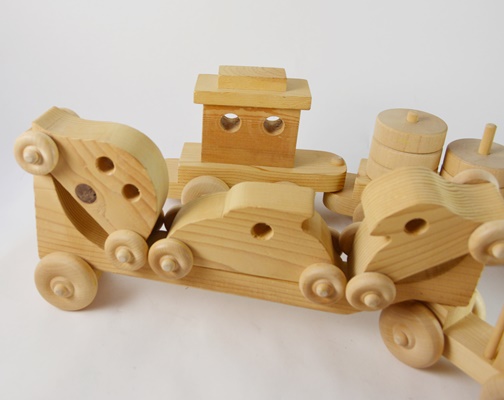 Wooden Toy Train, Trailer Truck and Cars