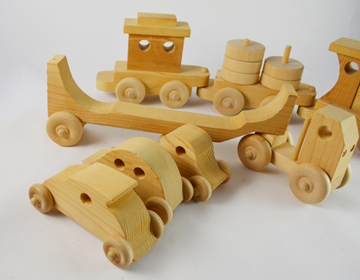 Wooden Toy Train, Trailer Truck and Cars