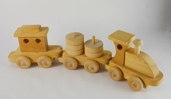 Wooden Toy Train, Trailer Truck and Cars
