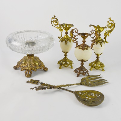 Vintage Brass Ash Receiver, Candle Sticks and Serving Utensils