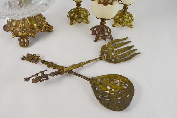 Vintage Brass Ash Receiver, Candle Sticks and Serving Utensils