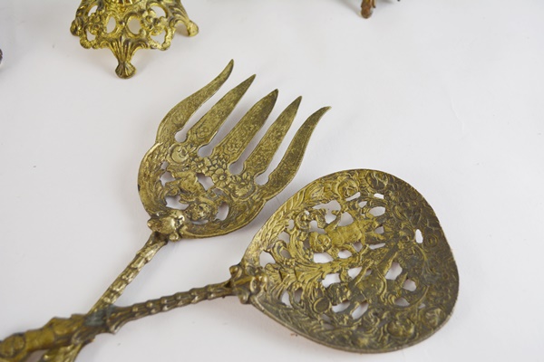 Vintage Brass Ash Receiver, Candle Sticks and Serving Utensils