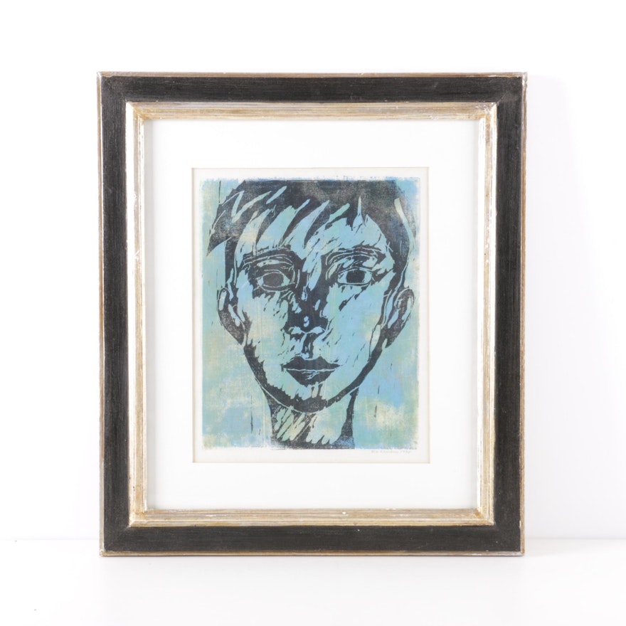 1995 Via Lambros Woodblock Print of a Young Face