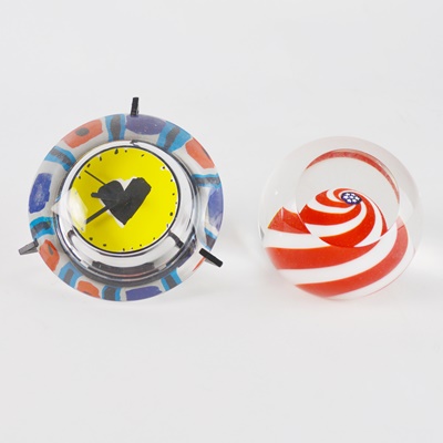 Glass Eye Blown Glass Paperweight and Ritzenhoff Blown Glass Clock