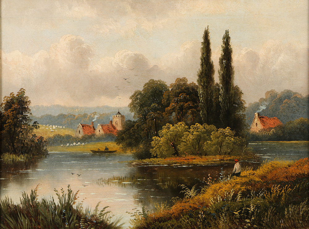 H. Cook Oil Painting on Canvas of Village Landscape