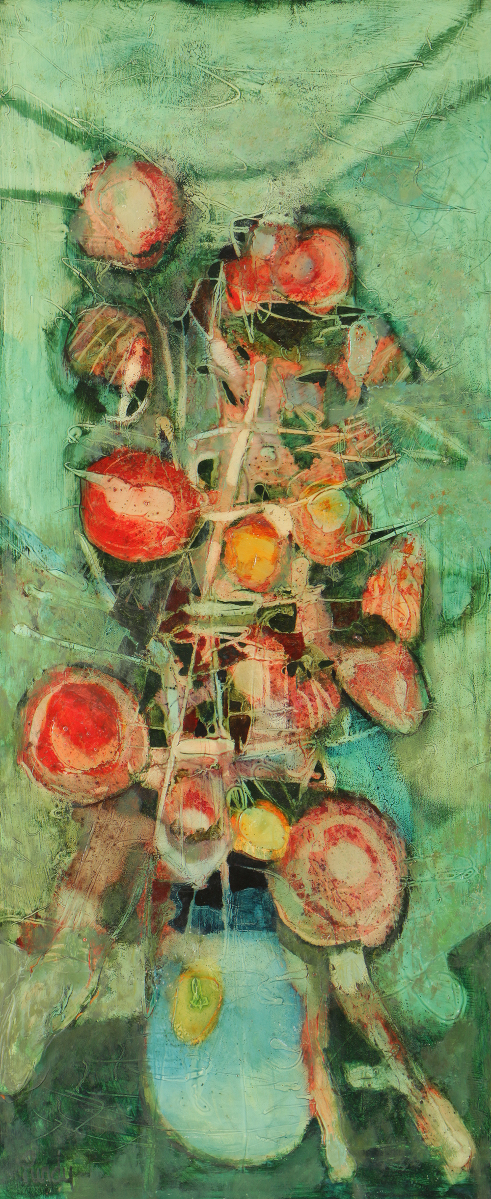 Donald Purdy Encaustic on Board of Abstract Floral Still Life