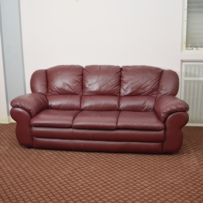 Italian Burgandy Leather Three Seat Sofa
