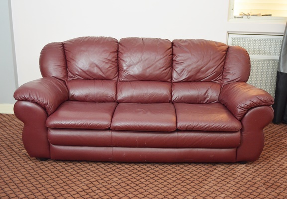 Italian Burgandy Leather Three Seat Sofa