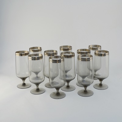Ten Silver Tone Rim Smoke Glass Drinking Glasses