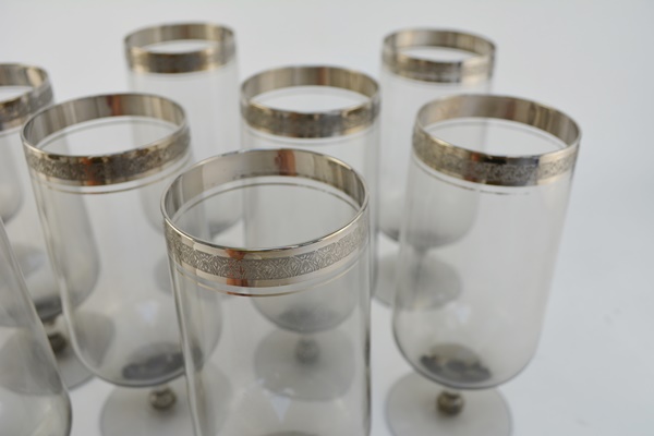 Ten Silver Tone Rim Smoke Glass Drinking Glasses