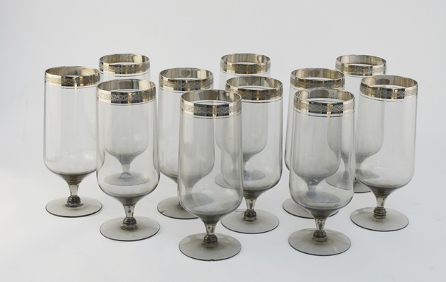 Ten Silver Tone Rim Smoke Glass Drinking Glasses