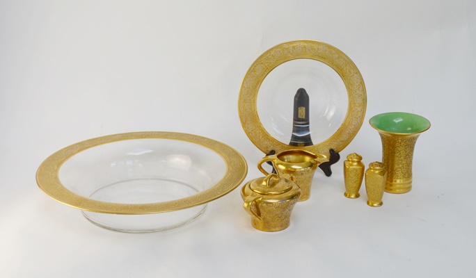 Stouffer China, Thun Vase and Other Gold Rimmed Glass Bowls