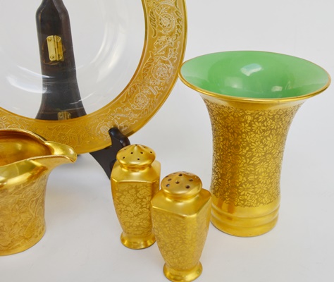 Stouffer China, Thun Vase and Other Gold Rimmed Glass Bowls
