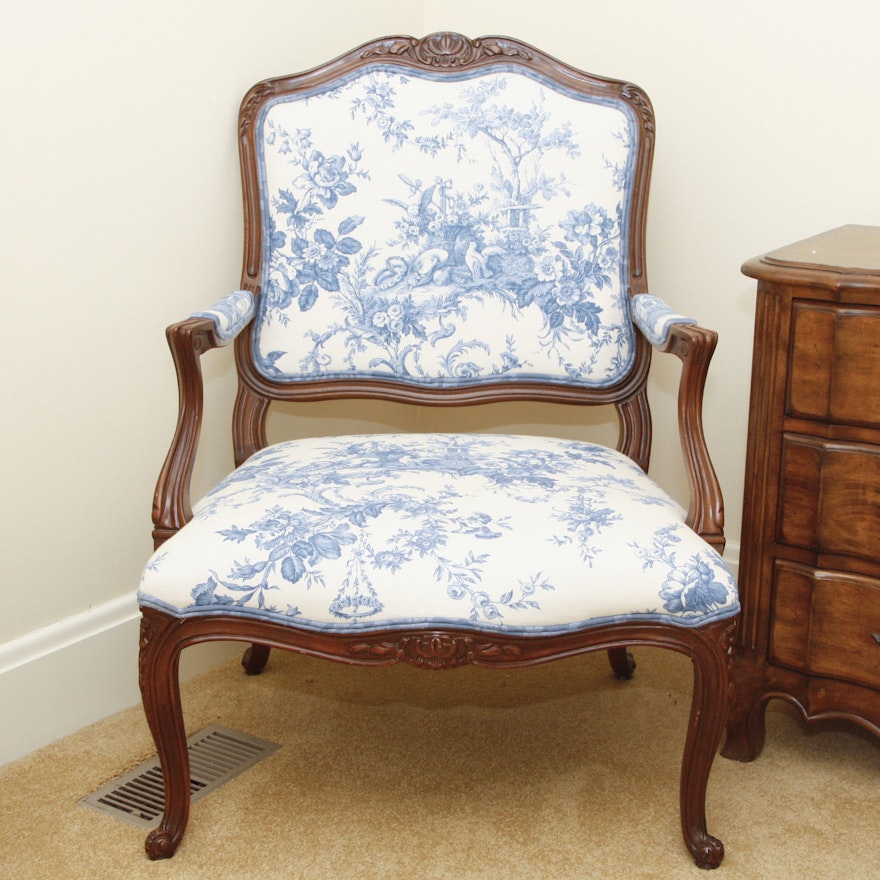 French Blue and White Toile Fabric Fauteuil Chair