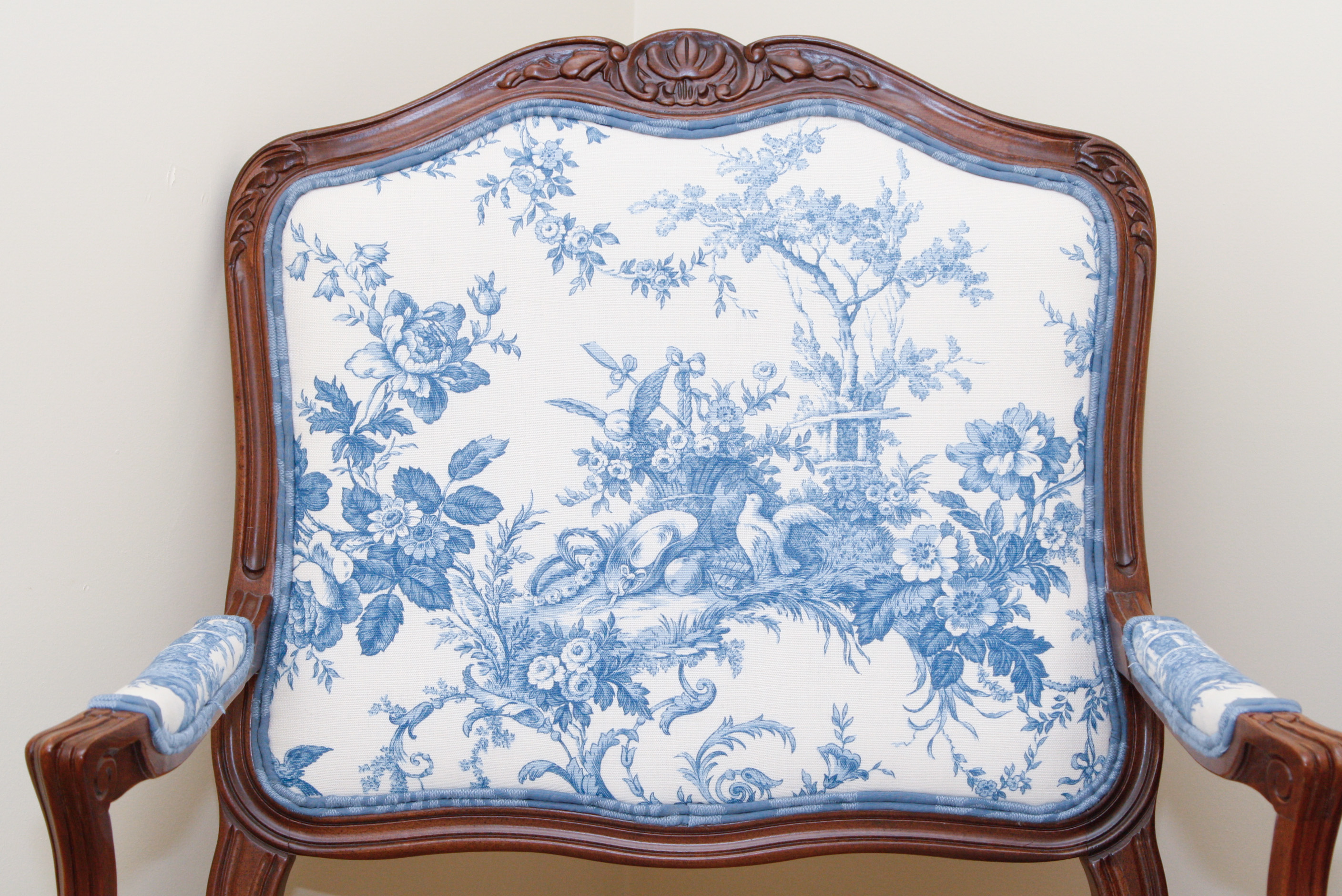 French Blue and White Toile Fabric Fauteuil Chair