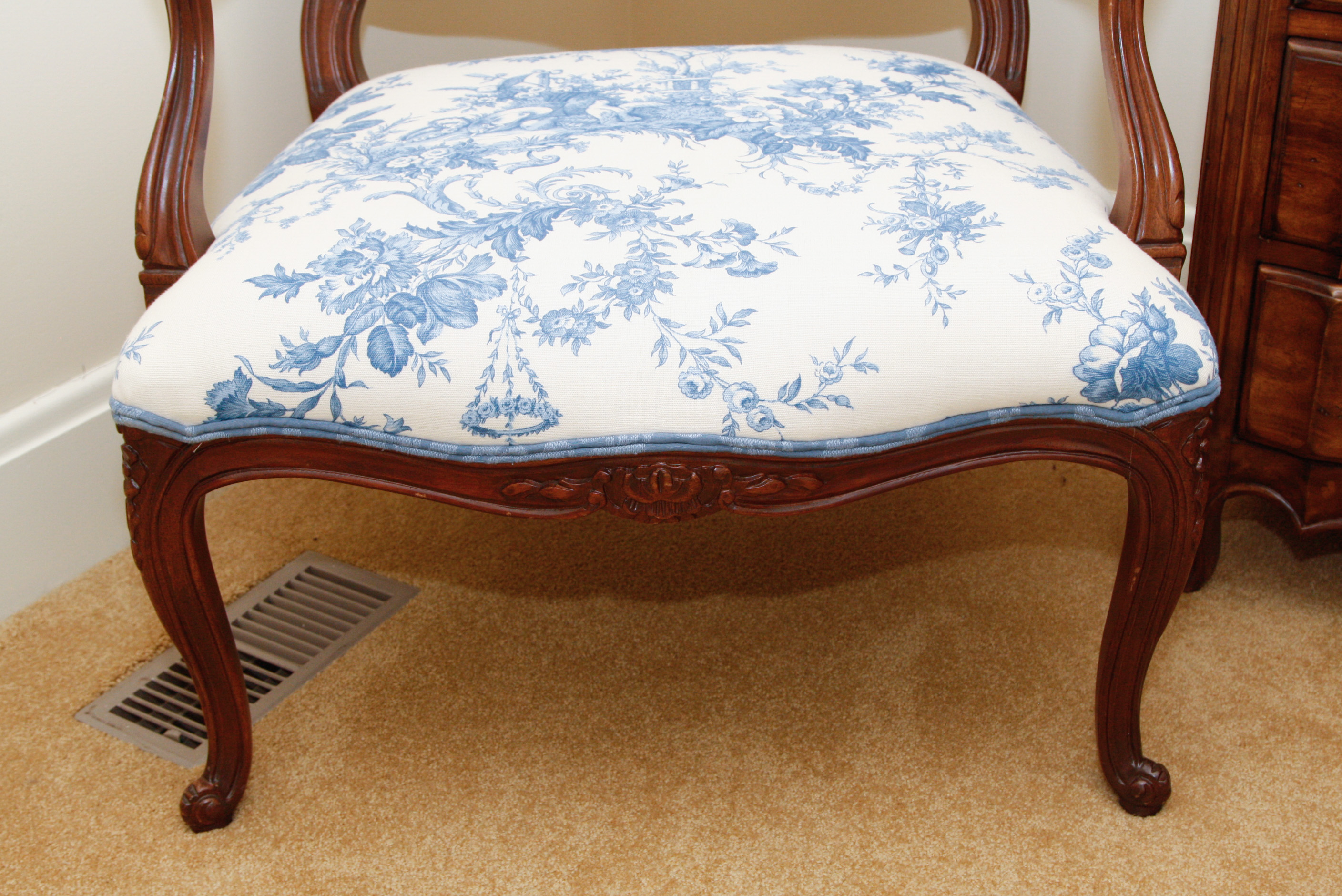 French Blue and White Toile Fabric Fauteuil Chair
