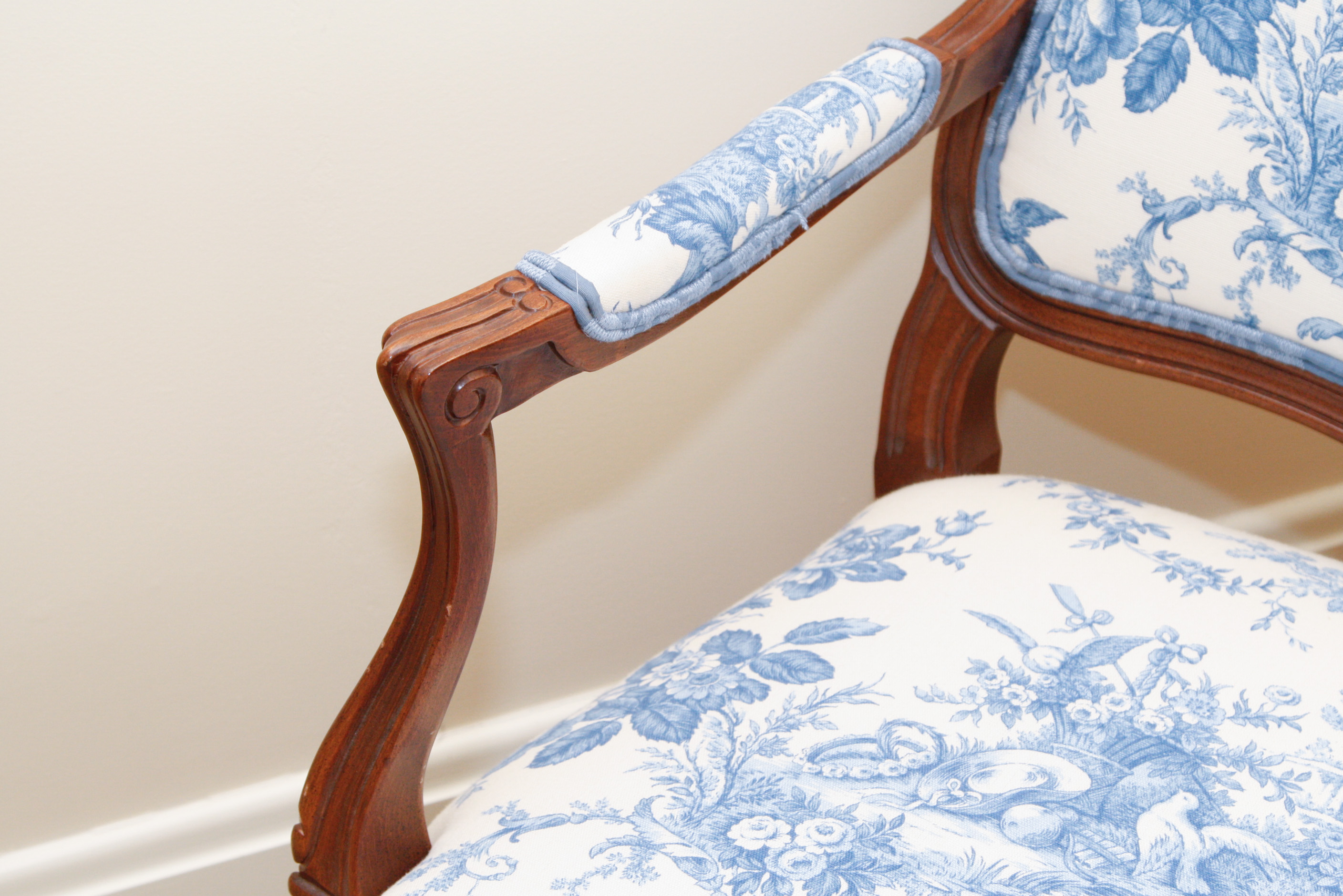 French Blue and White Toile Fabric Fauteuil Chair