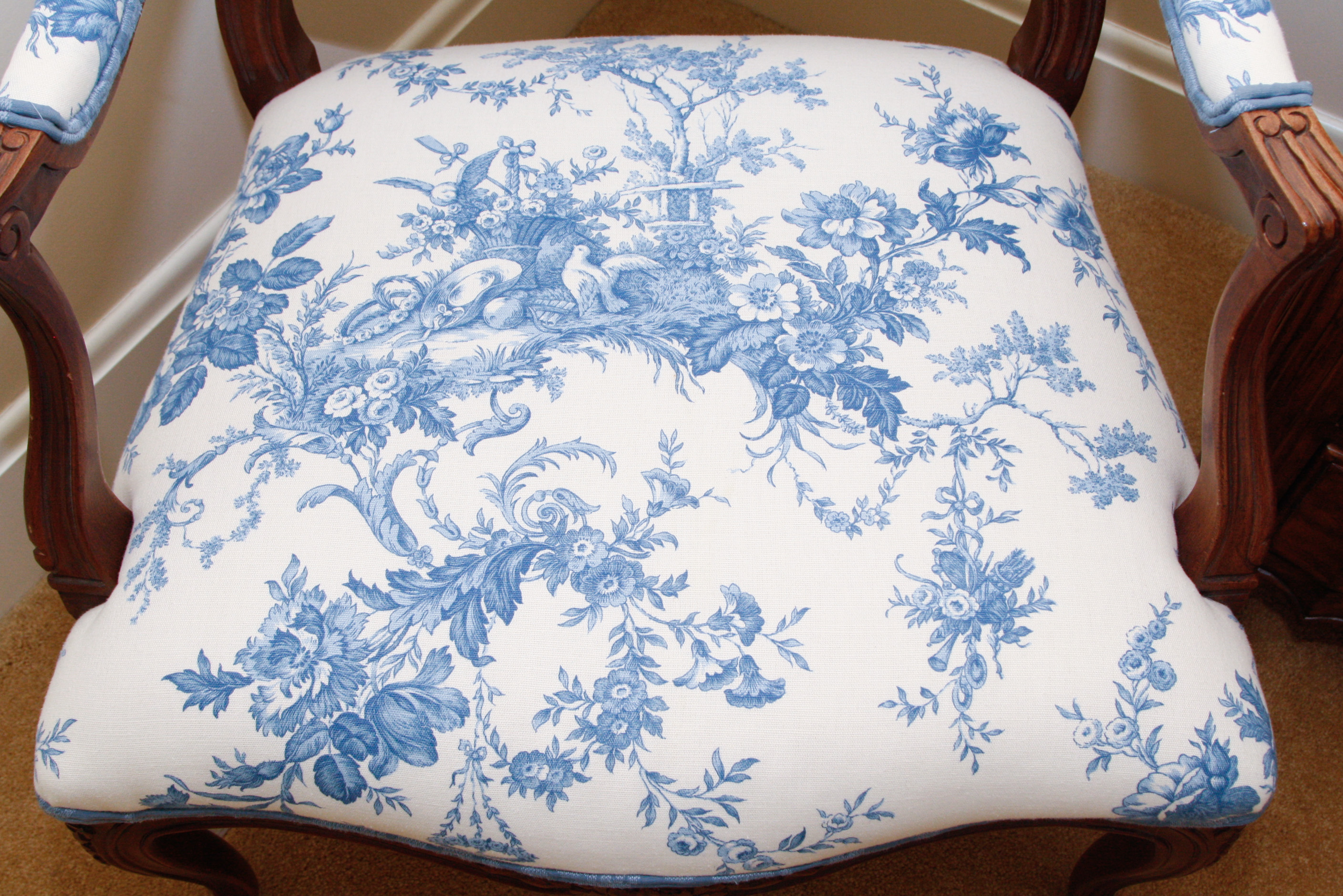 French Blue and White Toile Fabric Fauteuil Chair
