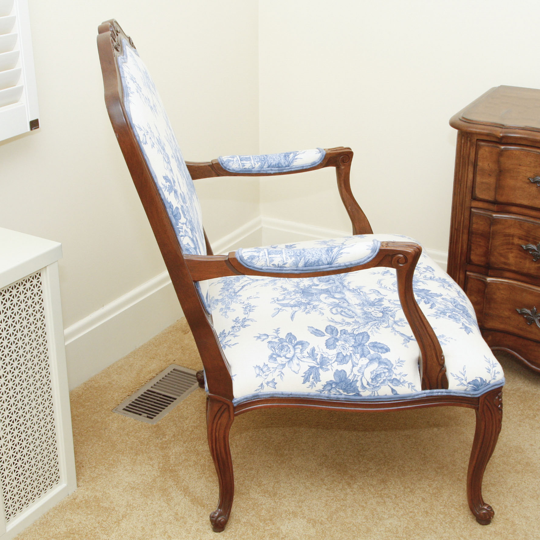 French Blue and White Toile Fabric Fauteuil Chair