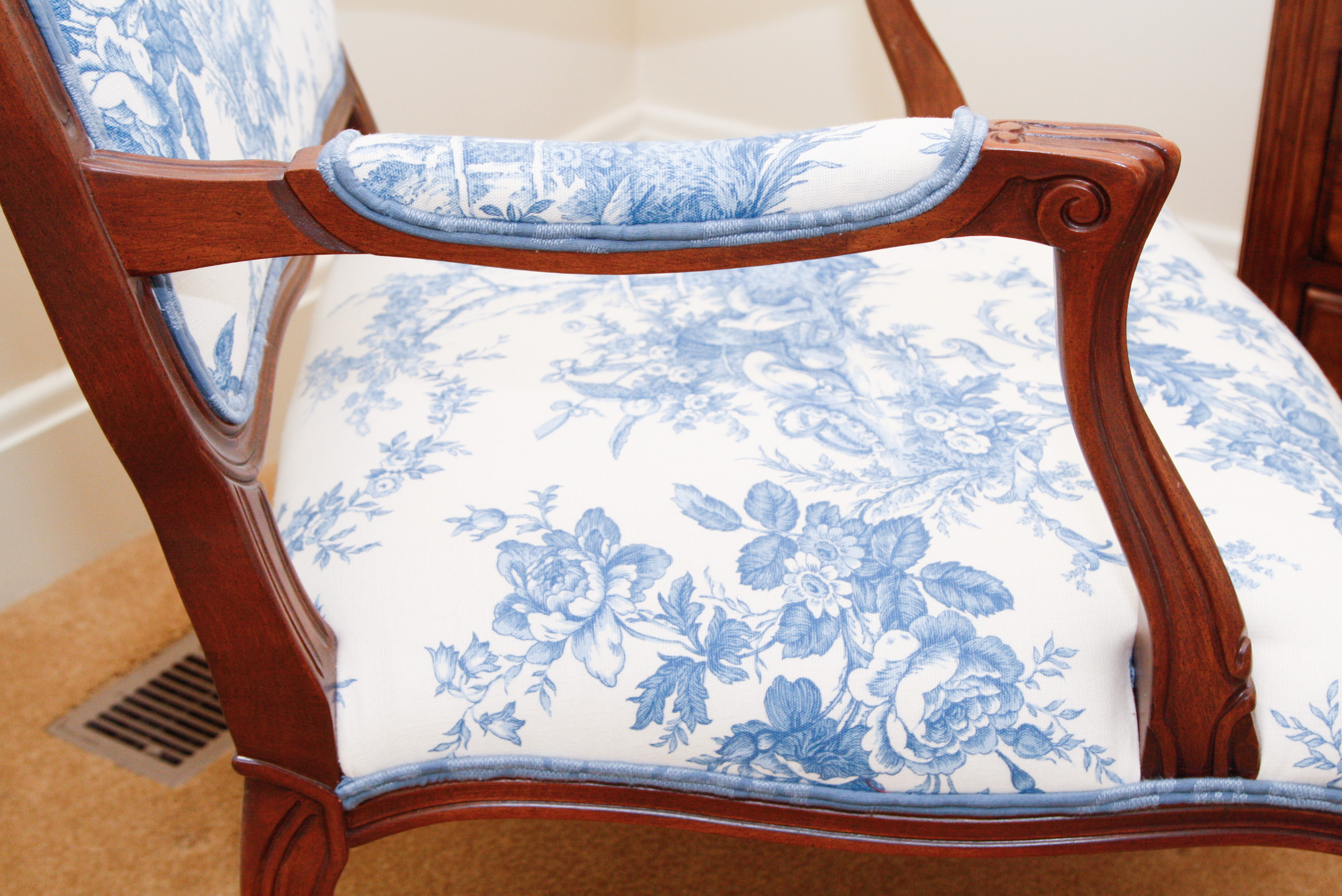 French Blue and White Toile Fabric Fauteuil Chair