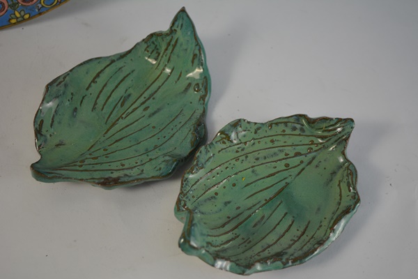 Chinese Ceramic Bowl and Two Pottery Leaves