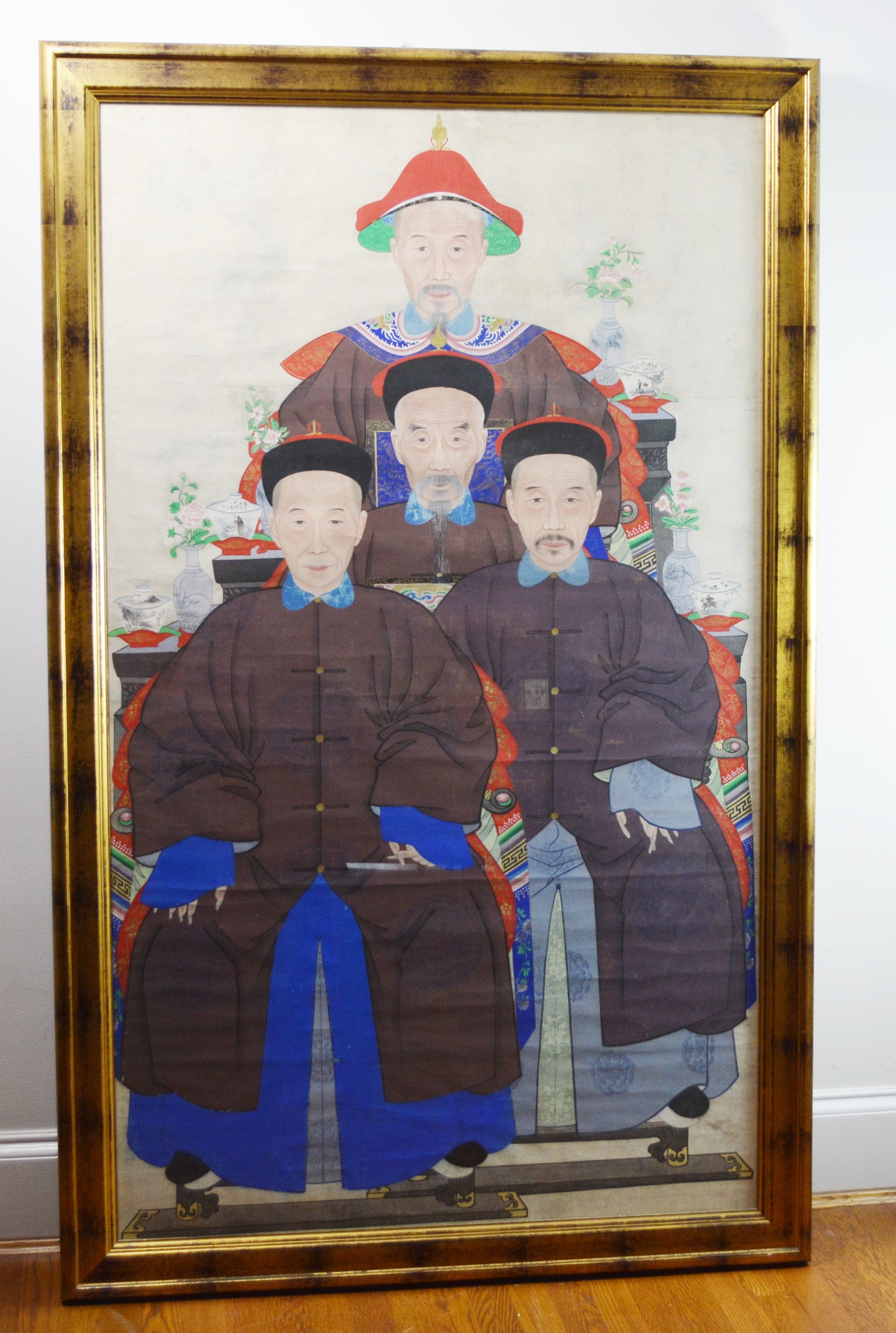 Large Chinese Ancestral Portrait Depicting Four Seated Male Elders