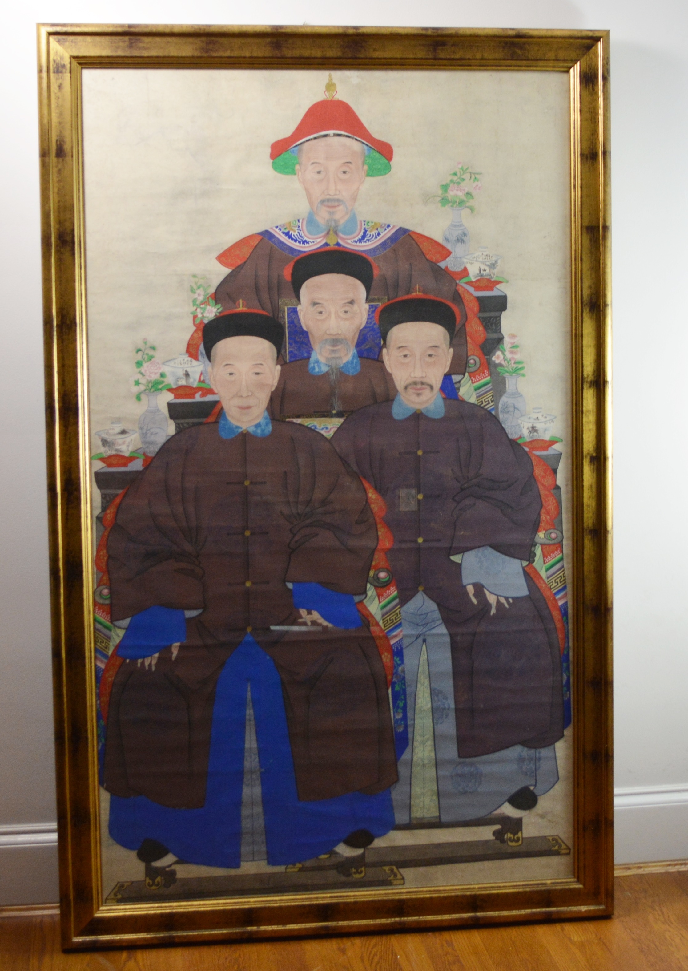 Large Chinese Ancestral Portrait Depicting Four Seated Male Elders
