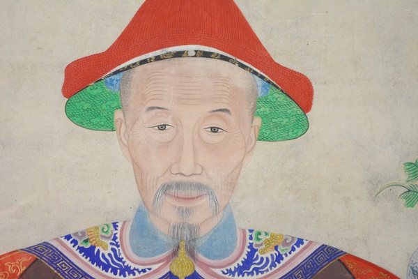 Large Chinese Ancestral Portrait Depicting Four Seated Male Elders