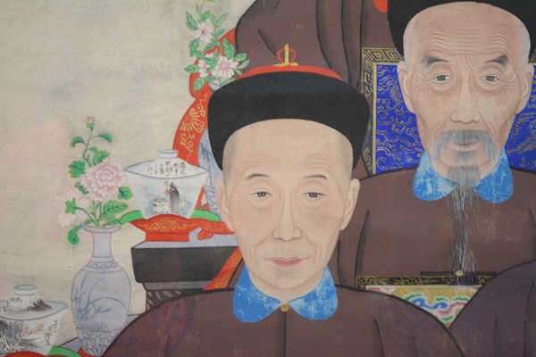 Large Chinese Ancestral Portrait Depicting Four Seated Male Elders