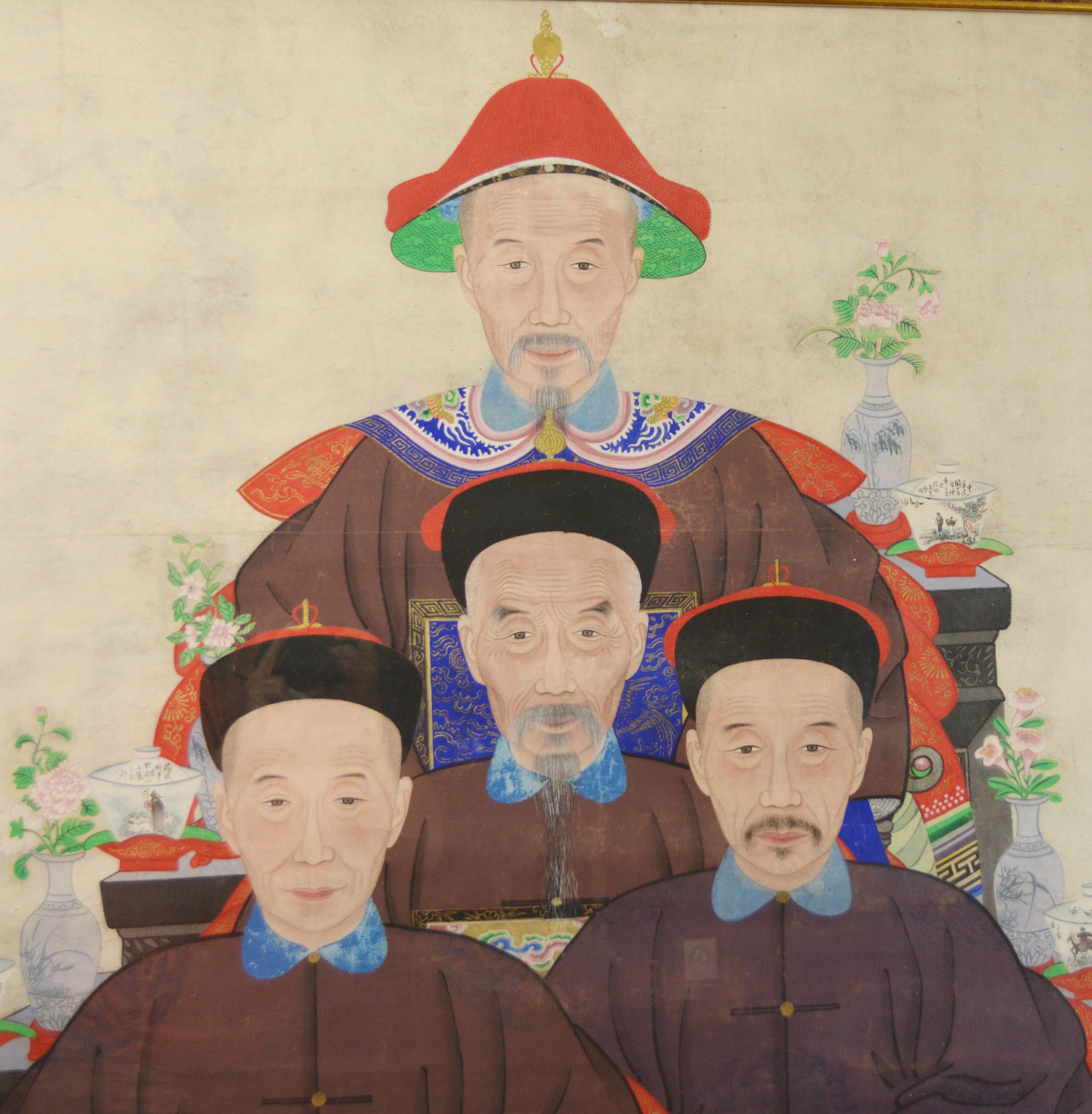 Large Chinese Ancestral Portrait Depicting Four Seated Male Elders