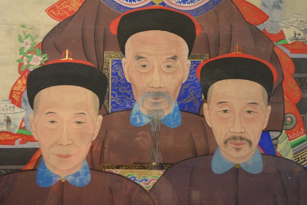 Large Chinese Ancestral Portrait Depicting Four Seated Male Elders