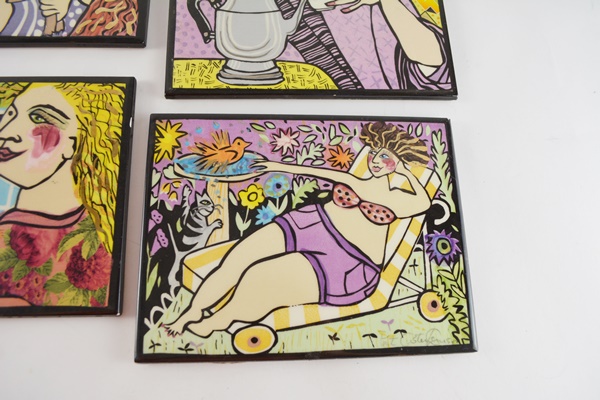 Four Pat Custer Denison Painted Ceramic Art Tiles