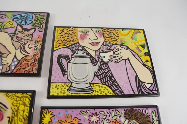 Four Pat Custer Denison Painted Ceramic Art Tiles
