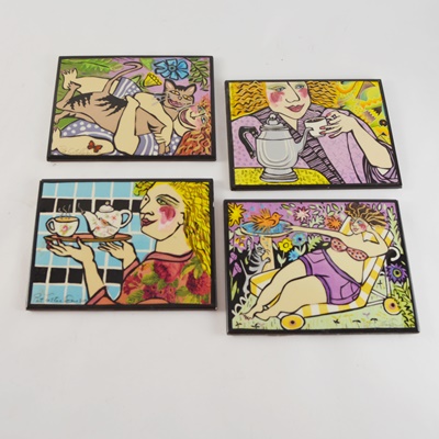 Four Pat Custer Denison Painted Ceramic Art Tiles
