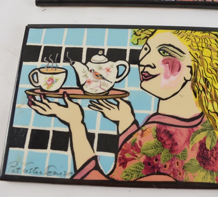 Four Pat Custer Denison Painted Ceramic Art Tiles