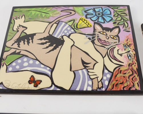 Four Pat Custer Denison Painted Ceramic Art Tiles