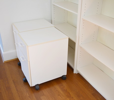 Two White Laminate Bookcase, Two Mobile Files, and a Desk
