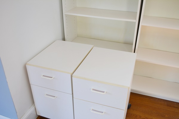 Two White Laminate Bookcase, Two Mobile Files, and a Desk