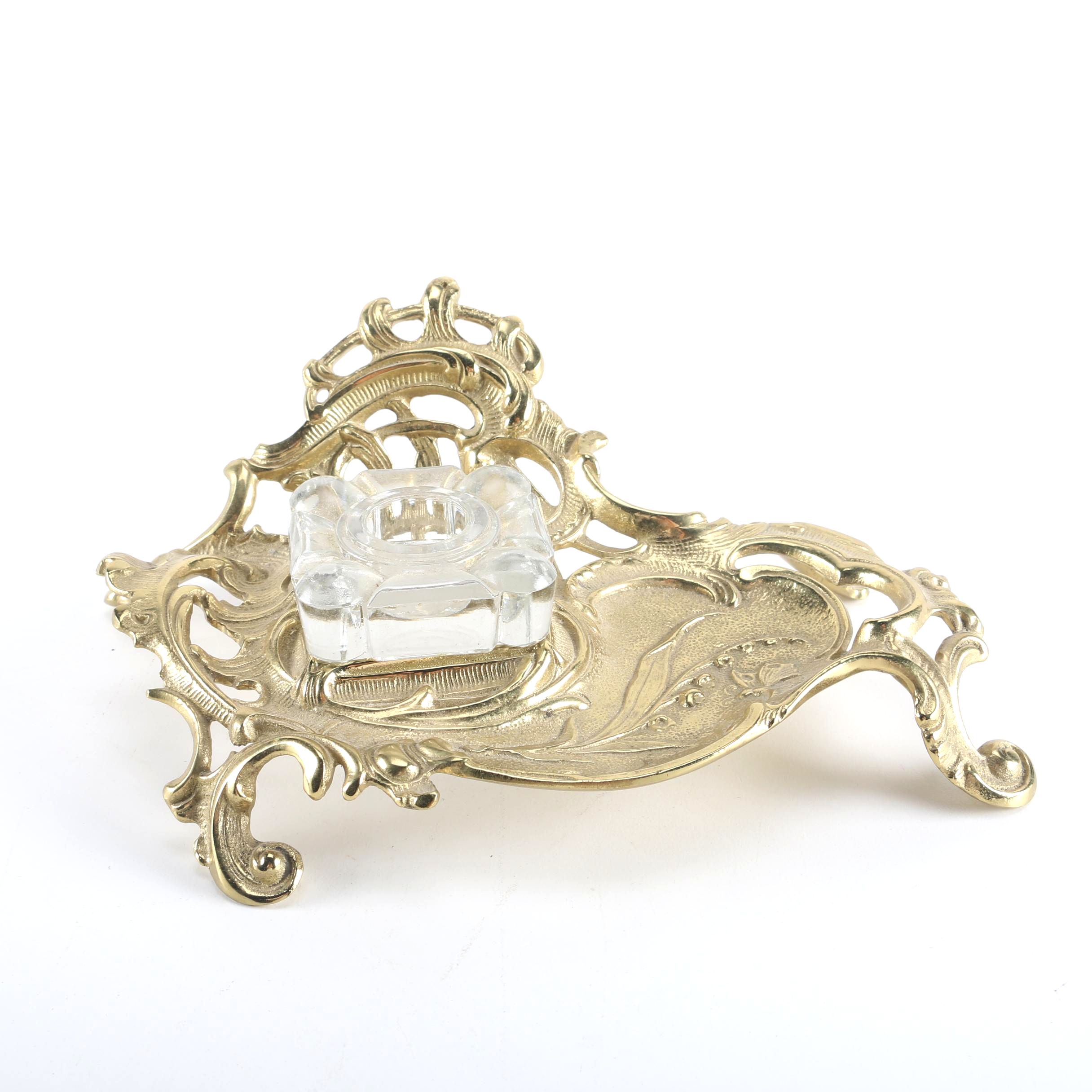 Glass Inkwell With Ornate Brass Stand