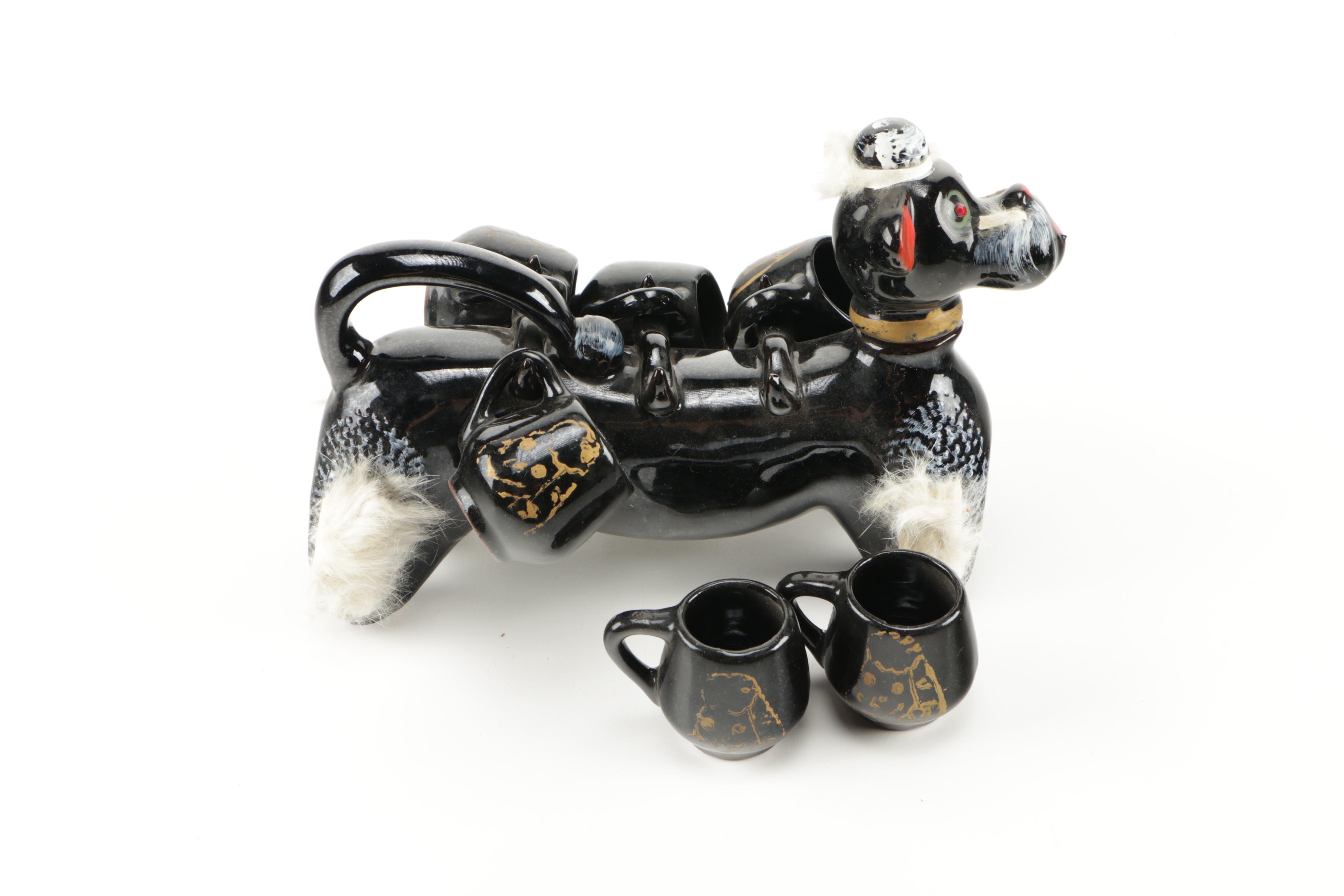 Japanese Black Ceramic Dog Tea Set