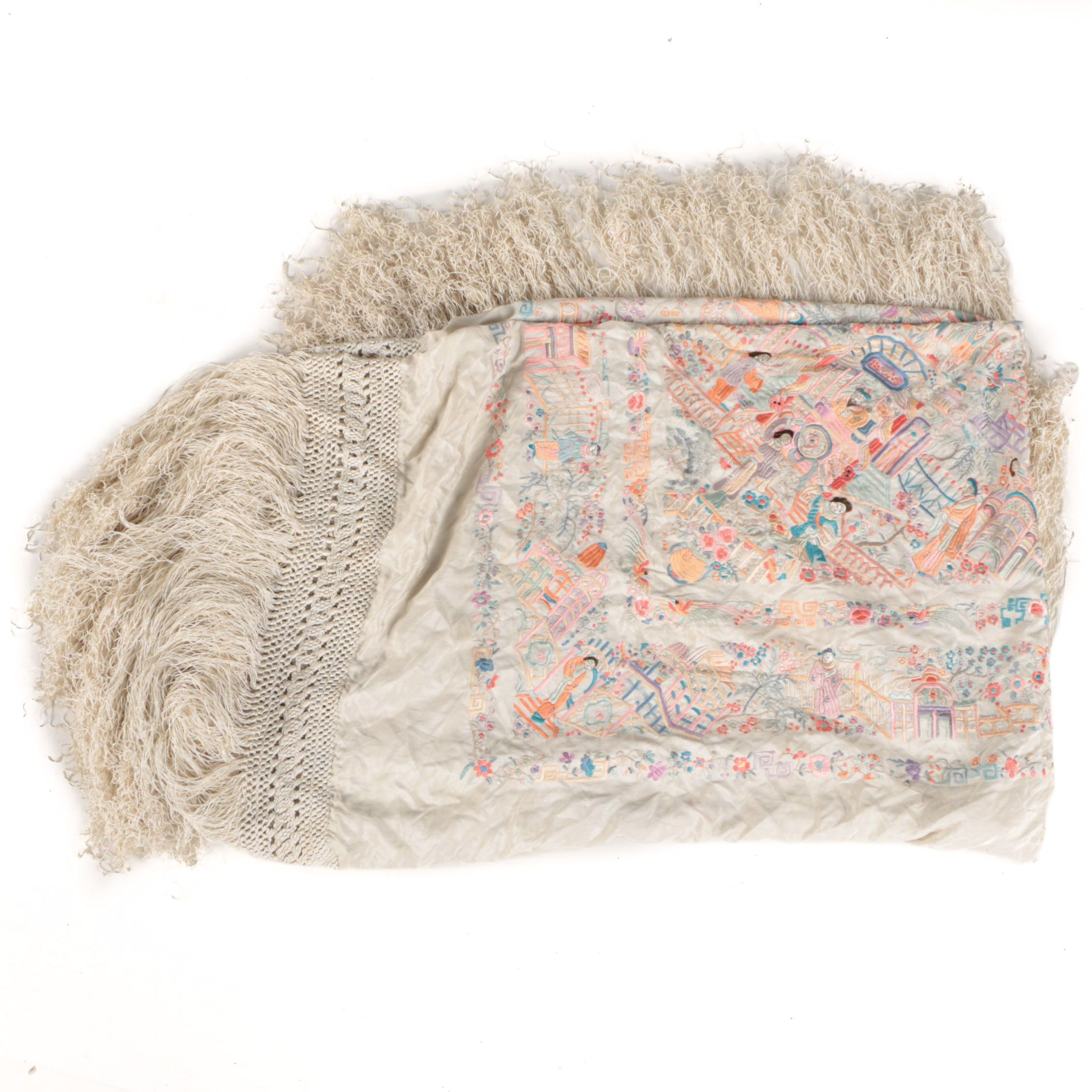 Chinese Embroidered Linen Fringed Shawl