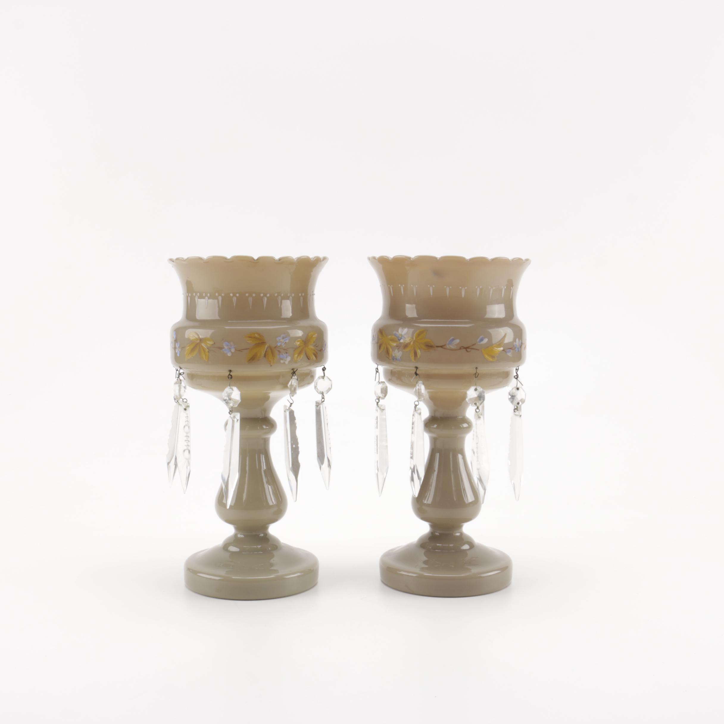 Pair of Porcelain Candle Holders With Crystal Spear Prisms