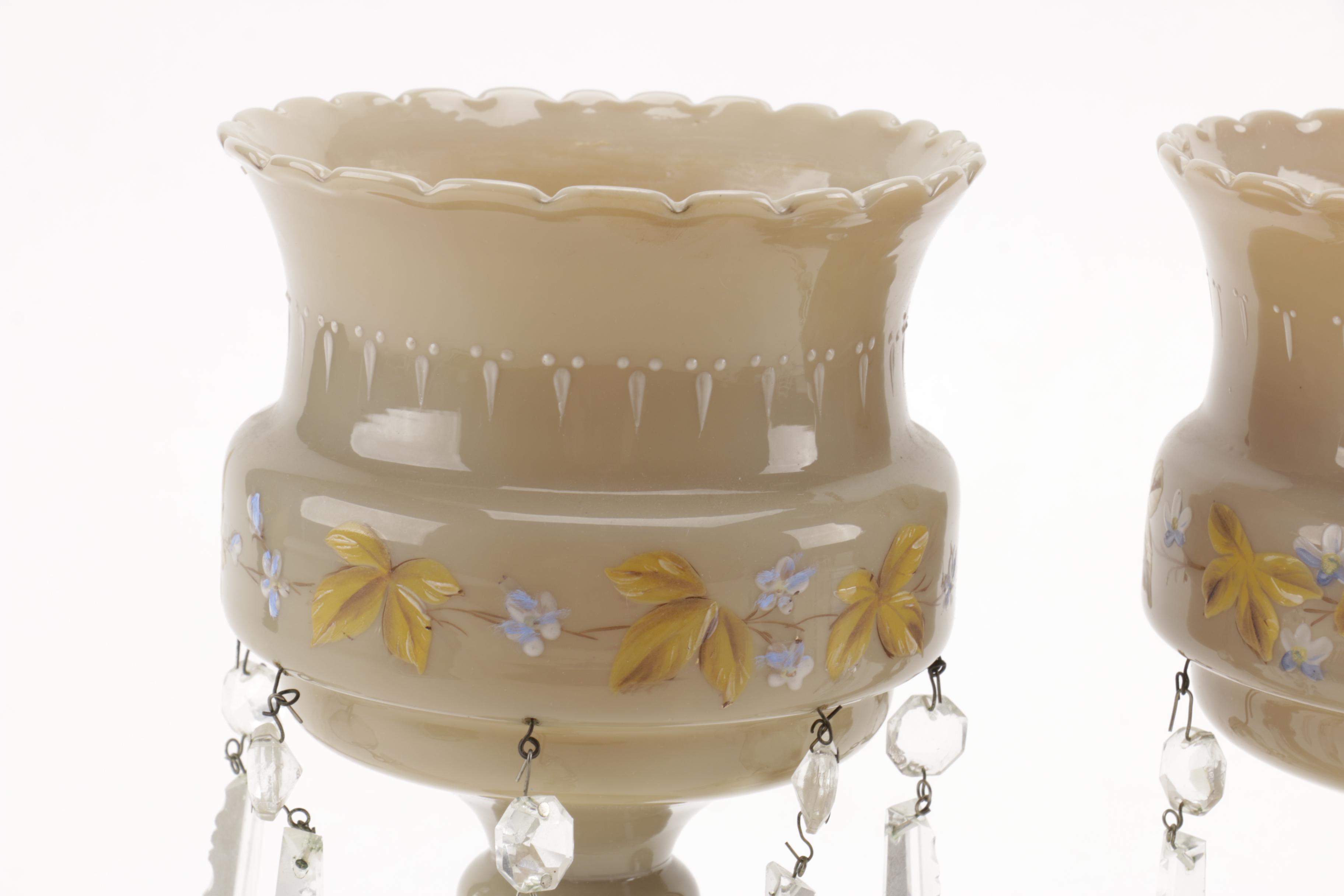 Pair of Porcelain Candle Holders With Crystal Spear Prisms