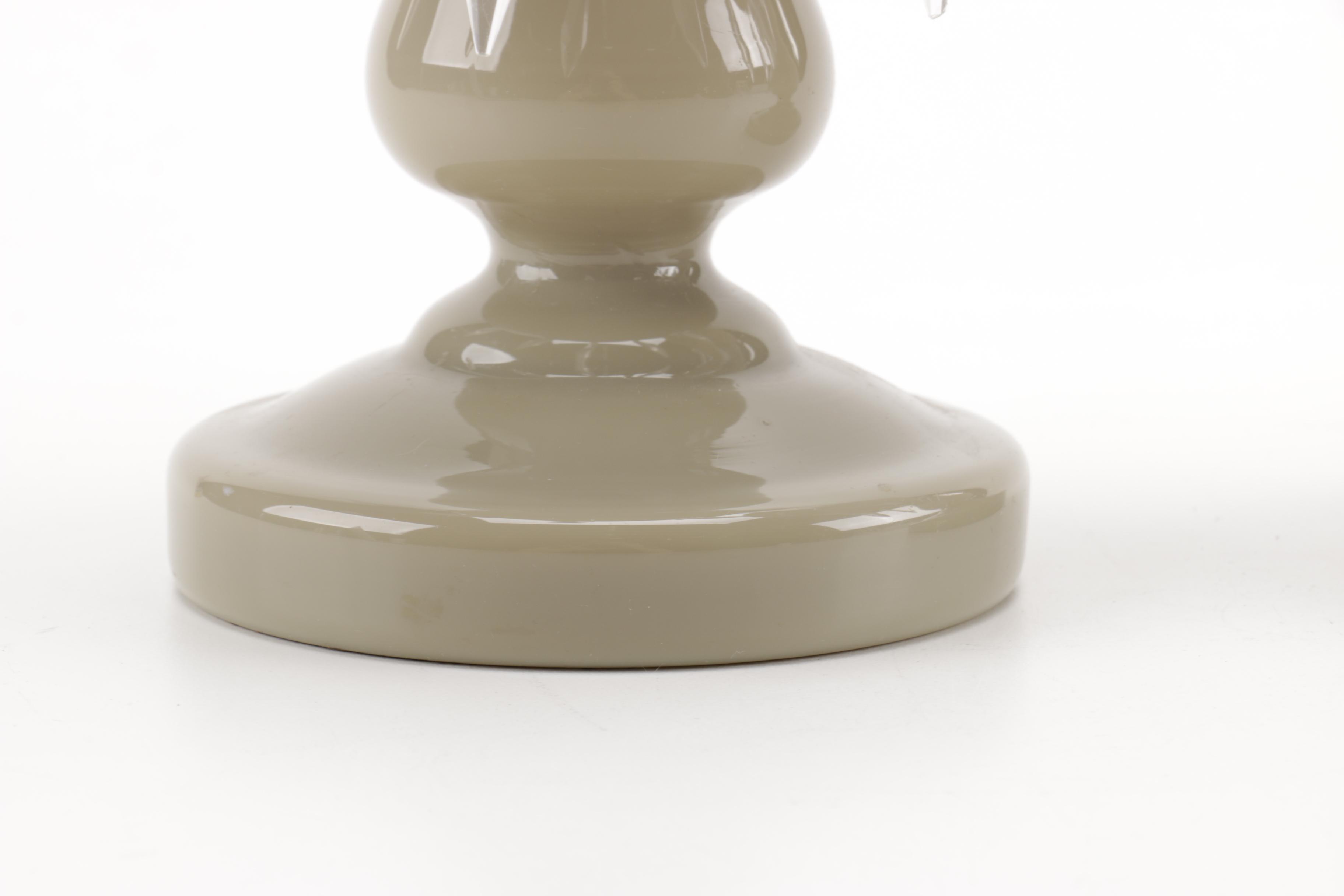 Pair of Porcelain Candle Holders With Crystal Spear Prisms