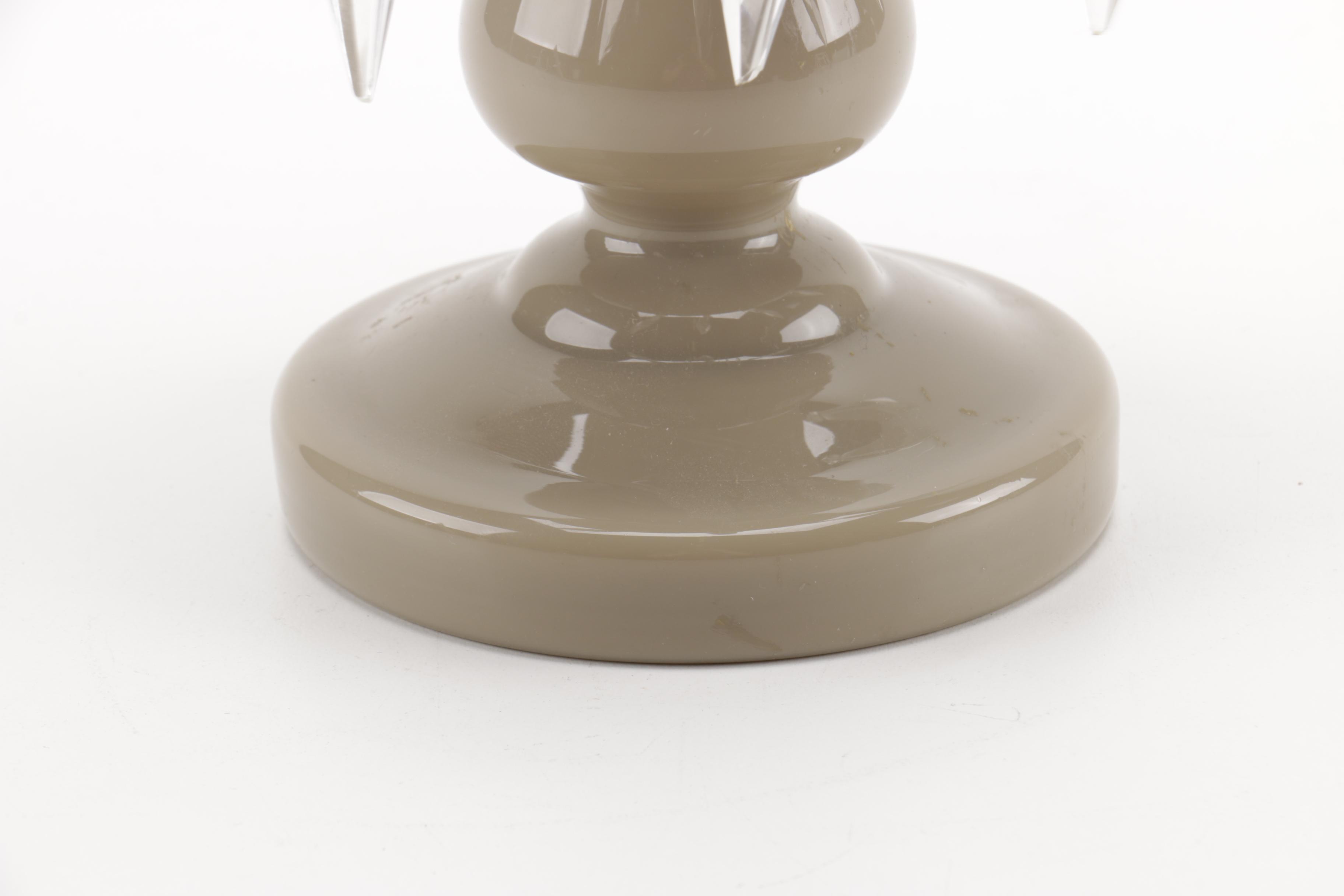 Pair of Porcelain Candle Holders With Crystal Spear Prisms