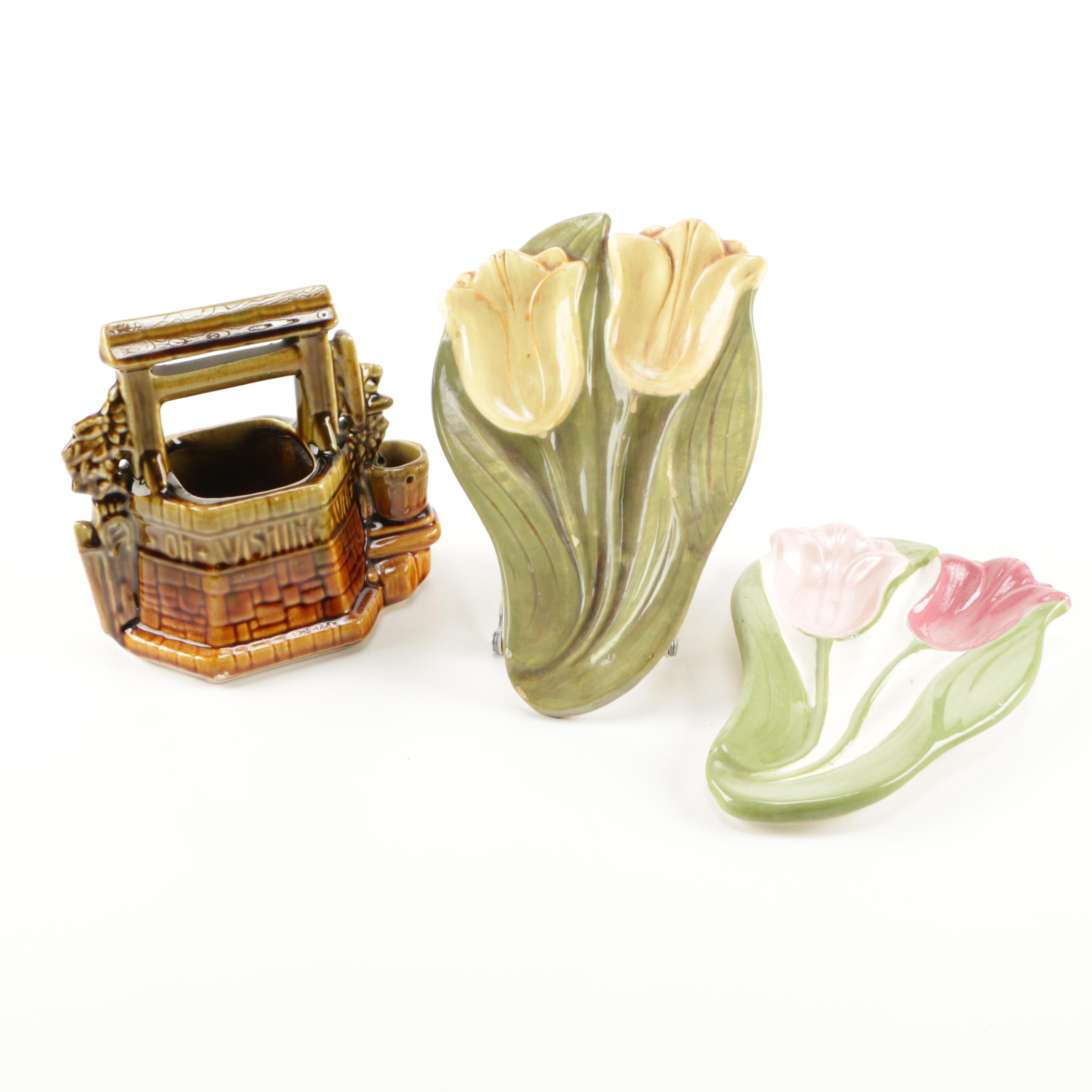 1950s McCoy Wishing Well Planter and Hand Made Floral Dishes
