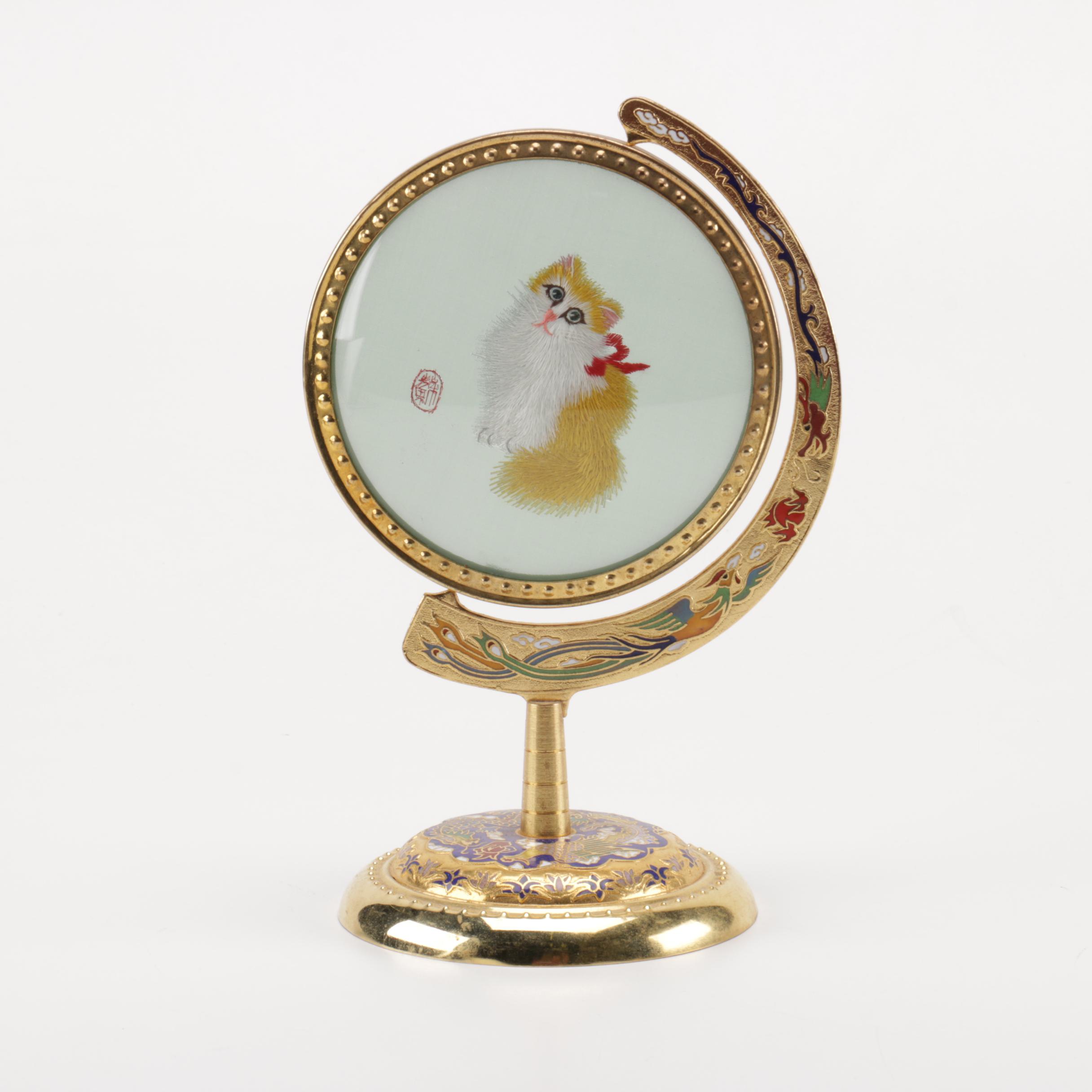 Chinese Cat Painting on Enamel Standing Frame