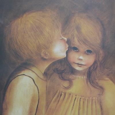 "A Little Kiss" Offset Lithograph After Margaret Kane