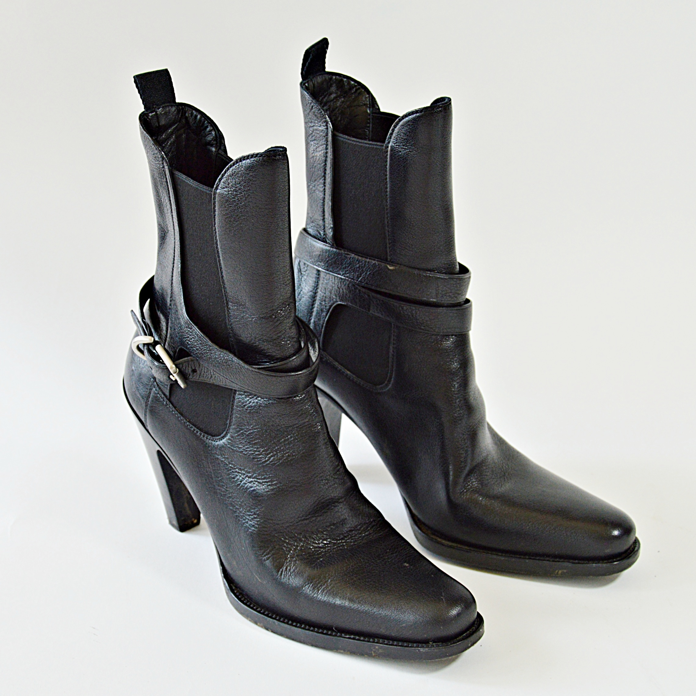 Prada Bufalo Fume Black Leather Boots, Size 38